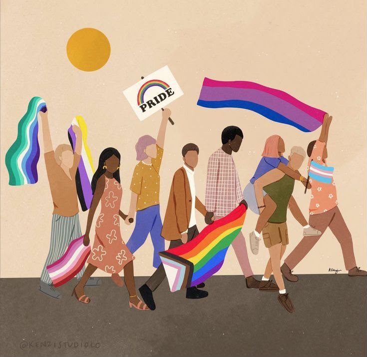 Ilustração de pessoas reunidas com bandeiras do orgulho LGBTQIA+, incluindo as bandeiras bissexual, trans e não binária.